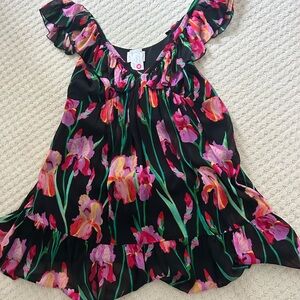 Lavender Brown Asymmetrical Dress - Black and Pink Floral